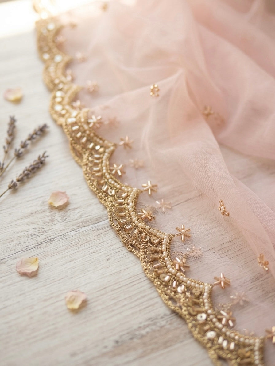 Light Pink Bridal Net Dupatta with Cutwork Border