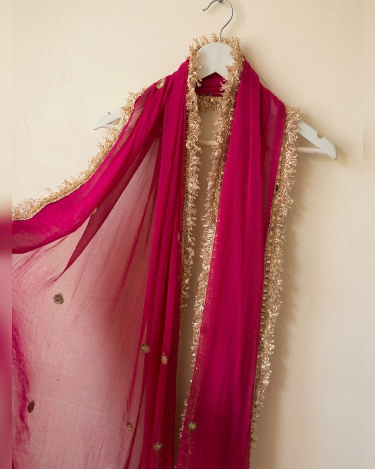 Rani Pink Chiffon Dupatta with Golden Zari Border | 2.5 Meter Lightweight Ethnic Wedding Dupatta