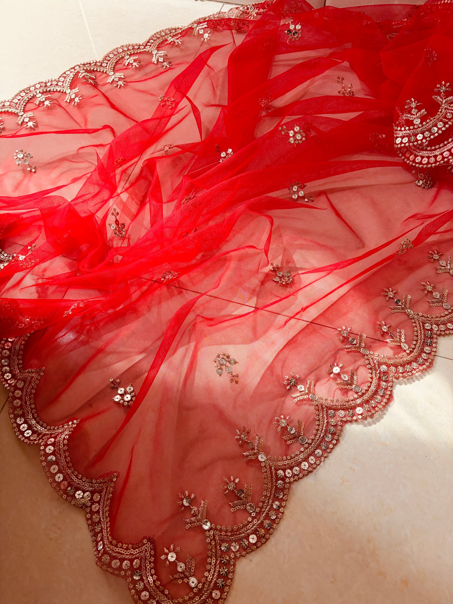 Red Bridal Net Dupatta with Sequins & Zari Cutwork Border