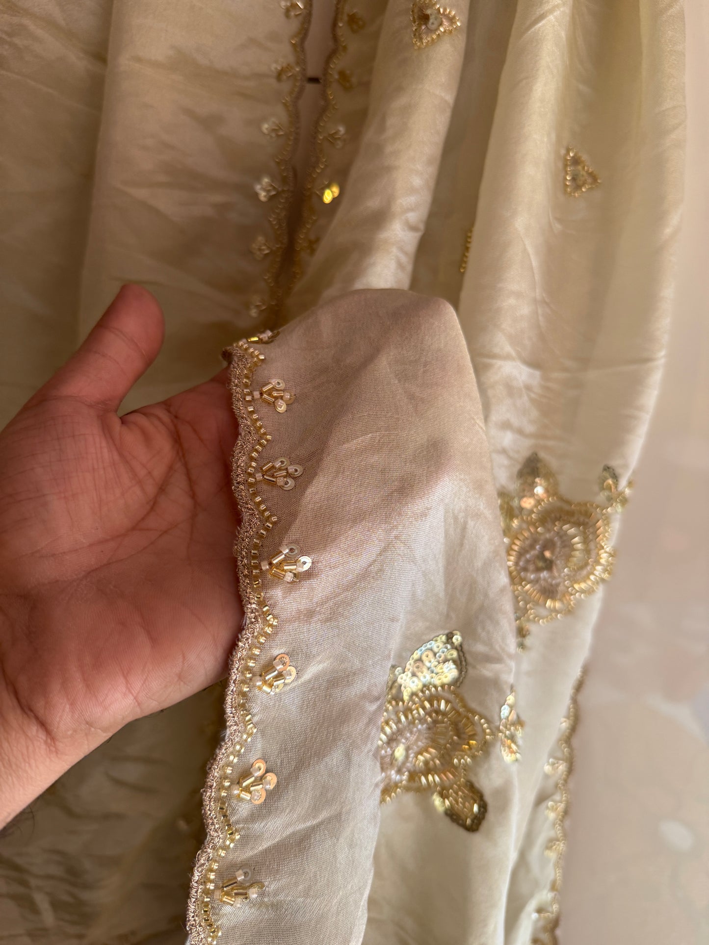 Golden Tissue Dupatta with Beads & Sequins Handwork – Bridal Partywear Dupatta