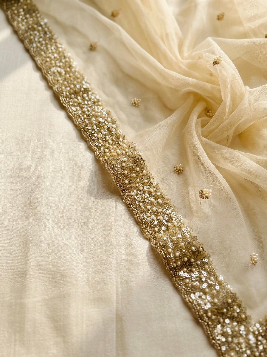 Bridal Golden Net Dupatta with Sequins & Beads Cutwork