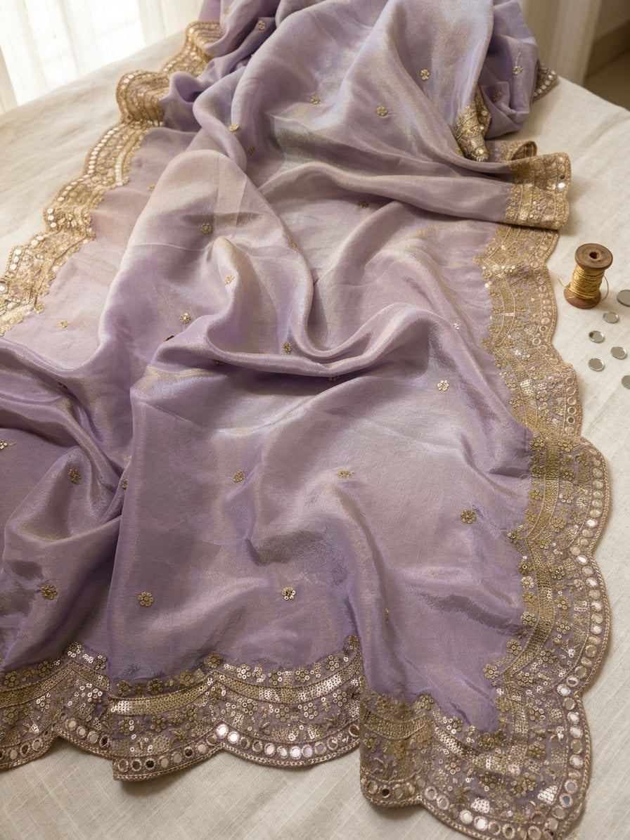 Lavender Tissue Silk Bridal Dupatta with Mirror & Zari Work