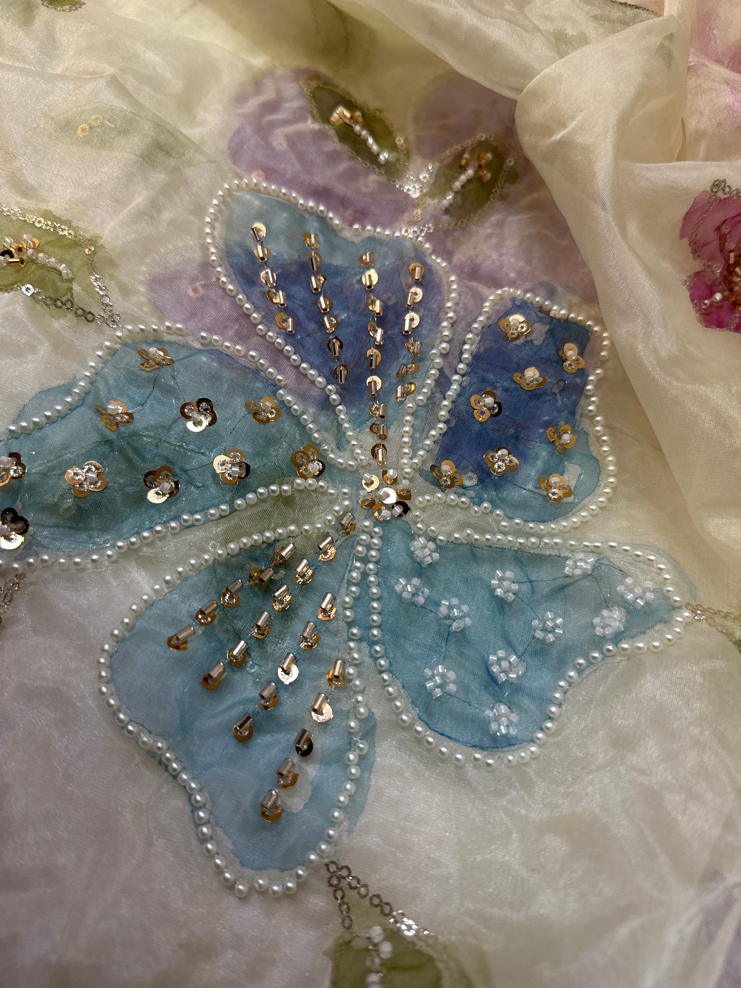 Hand Painted Organza Dupatta – Floral Lightweight Elegance