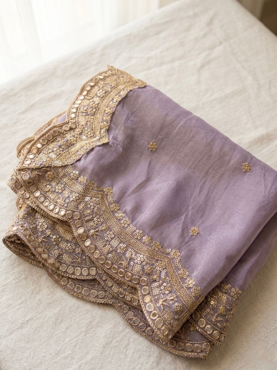 Lavender Tissue Silk Bridal Dupatta with Mirror & Zari Work