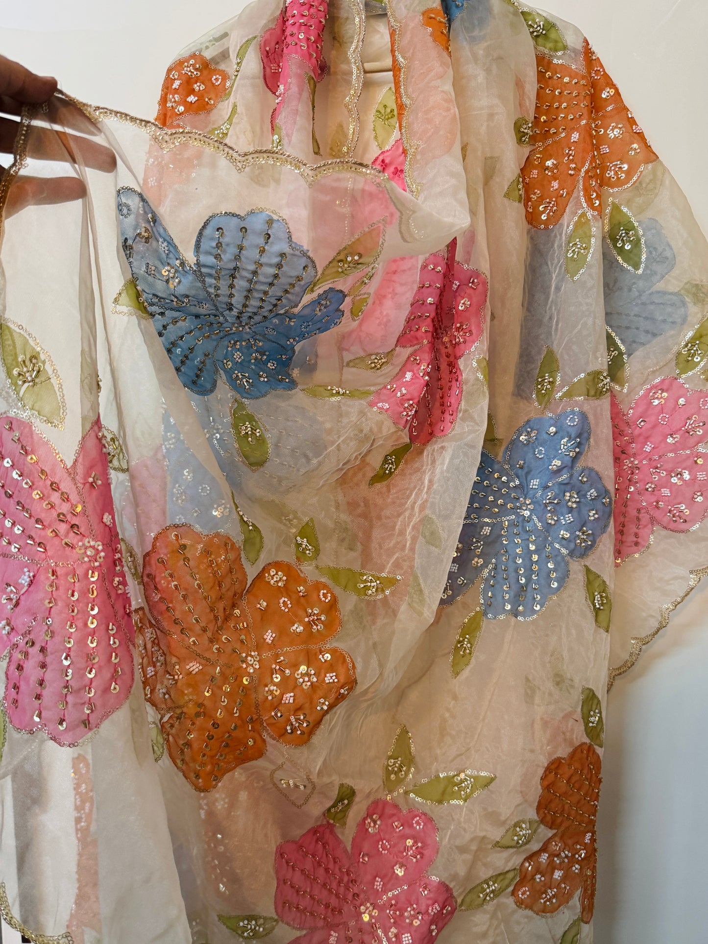 Hand-Painted Organza Dupatta – Designer Festive & Party Wear Dupatta