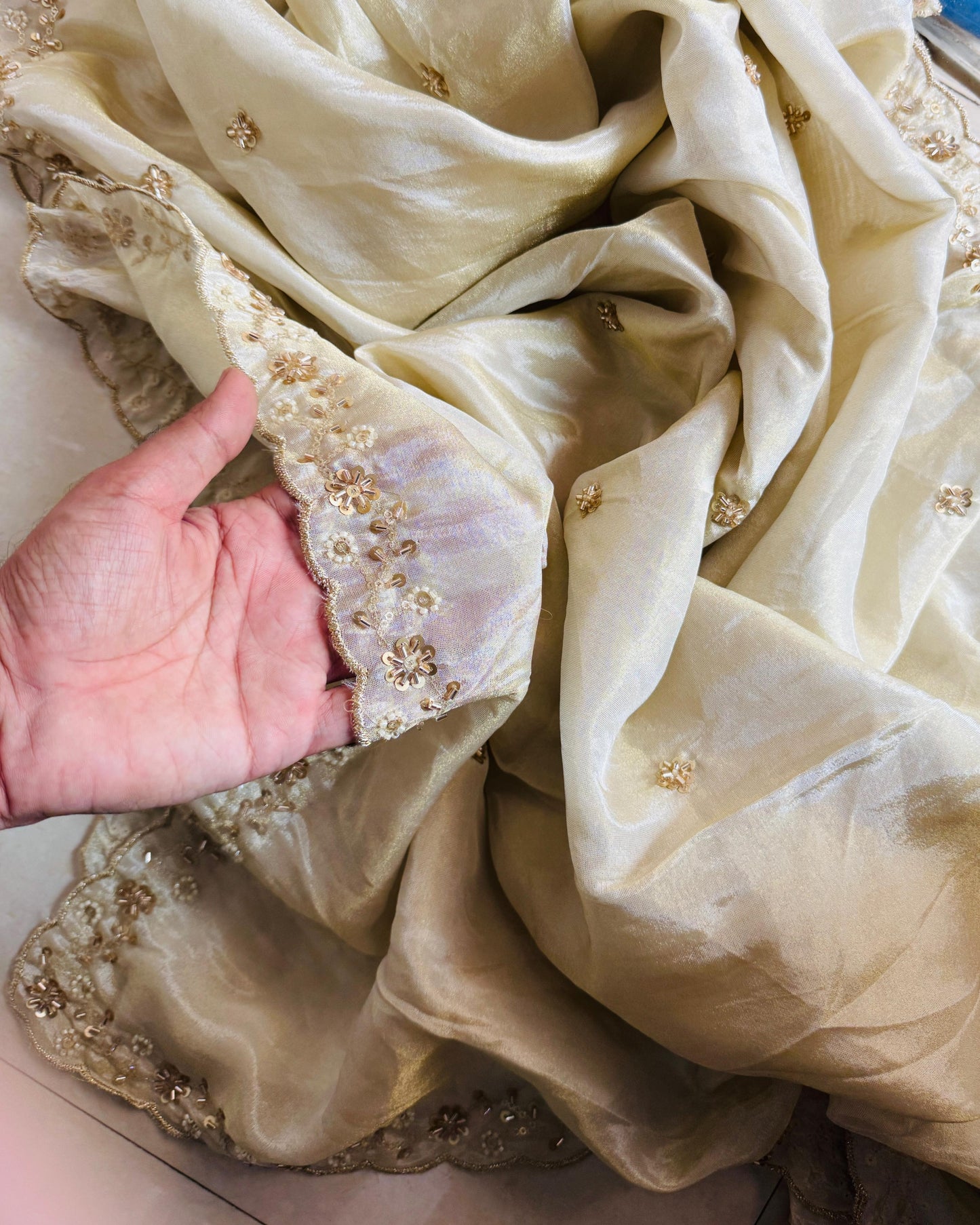 Golden Beaded Tissue Dupatta – Festive & Wedding Wear
