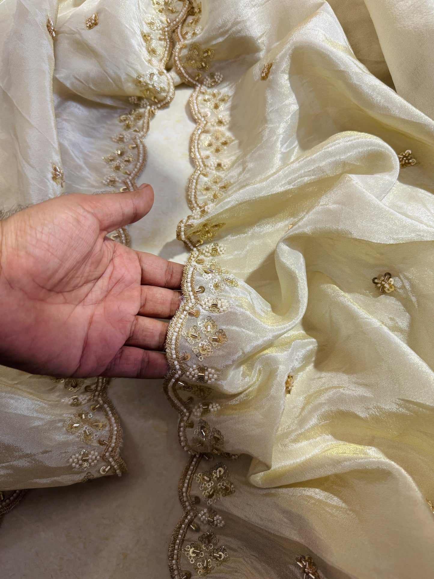 “Golden Tissue Dupatta with Beads & Zari Work