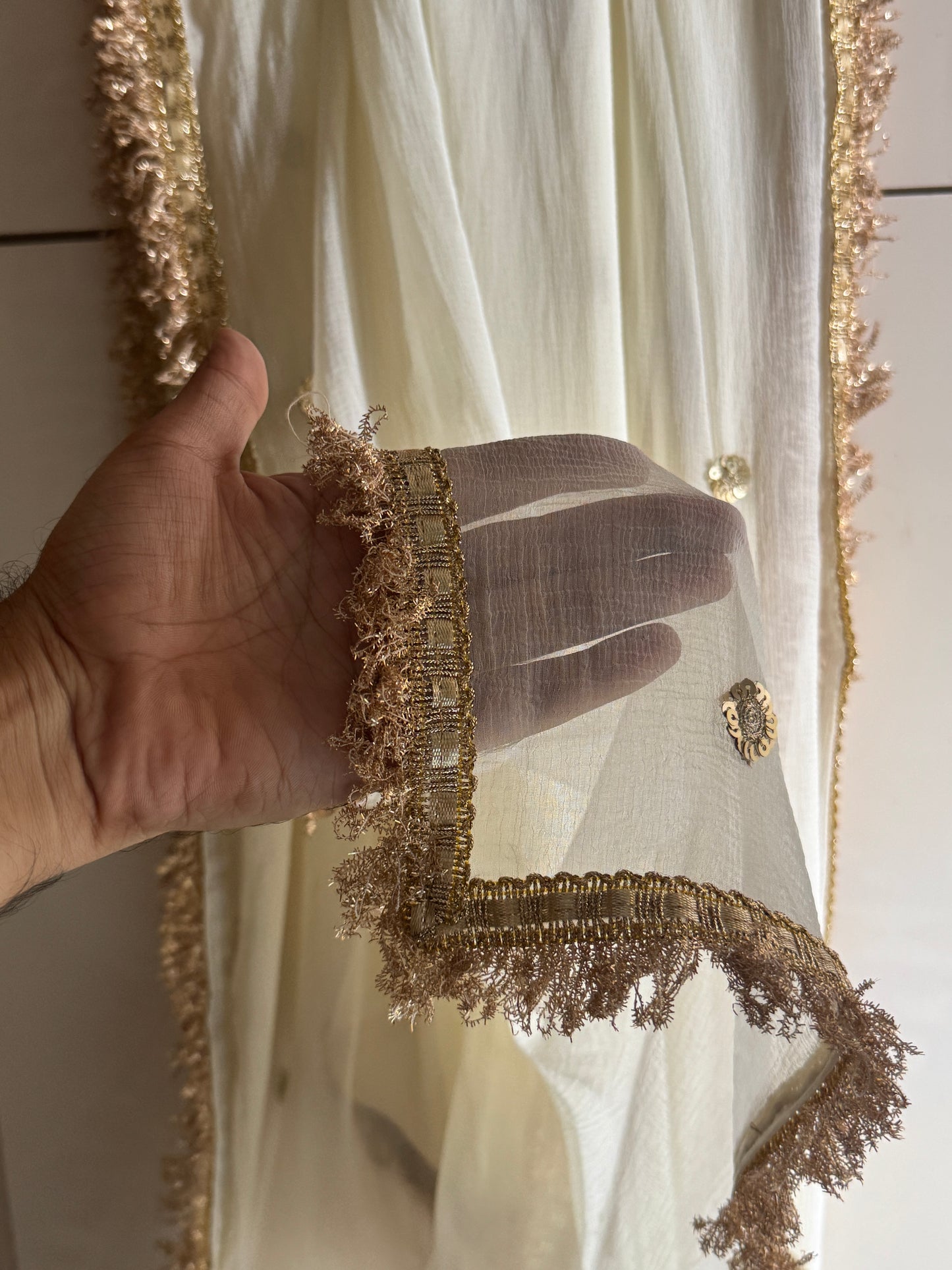 Off White Chiffon Dupatta with Golden Zari Border | 2.5 Meter Lightweight Ethnic Wedding & Party Wear Scarf