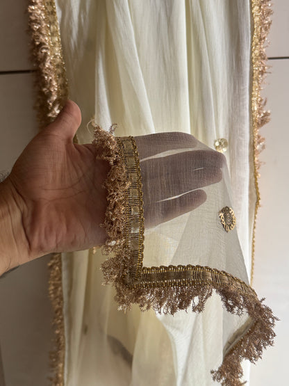 Off White Chiffon Dupatta with Golden Zari Border | 2.5 Meter Lightweight Ethnic Wedding & Party Wear Scarf