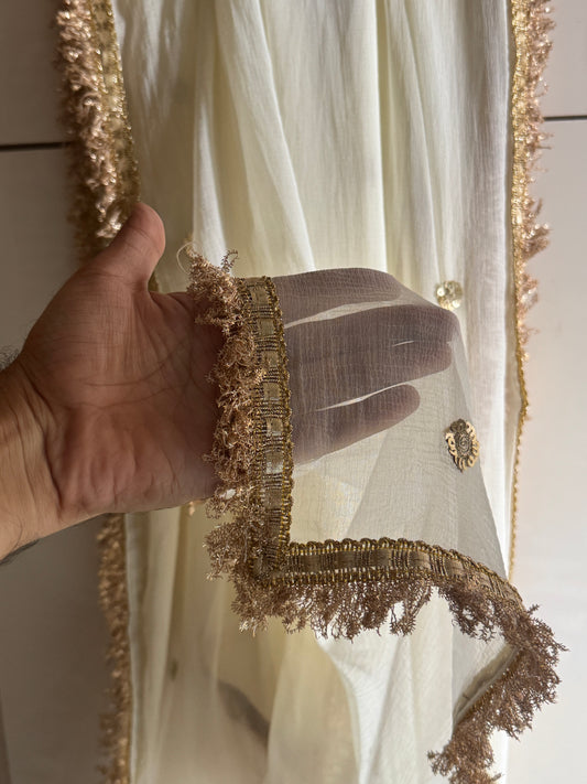 Off White Chiffon Dupatta with Golden Zari Border | 2.5 Meter Lightweight Ethnic Wedding & Party Wear Scarf
