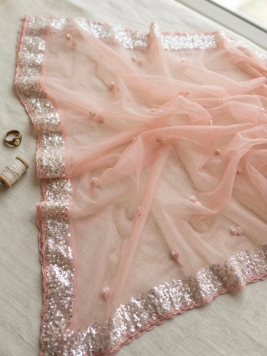 Light Pink Net Dupatta with Silver Sequin & Pearl Work