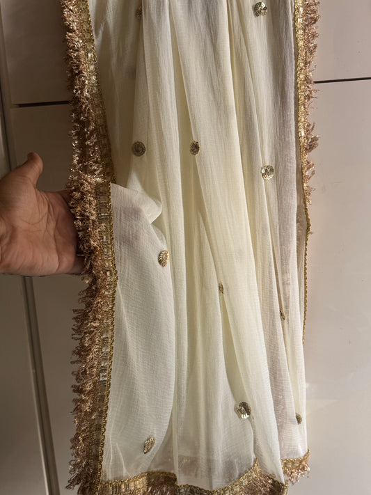 Off White Chiffon Dupatta with Golden Zari Border | 2.5 Meter Lightweight Ethnic Wedding & Party Wear Scarf