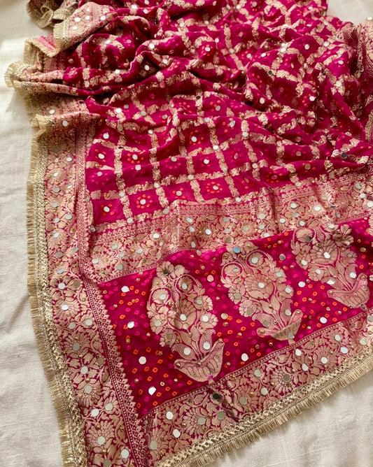 Pink Banarasi Mirror Work Dupatta with Zari Border – Bridal & Festive Wear