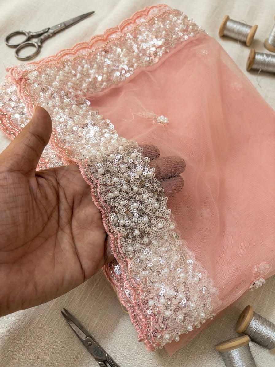 Light Pink Net Dupatta with Silver Sequin & Pearl Work