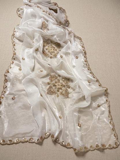 White Designer Silky Dupatta with Heavy Embroidery, Beads & Sequins