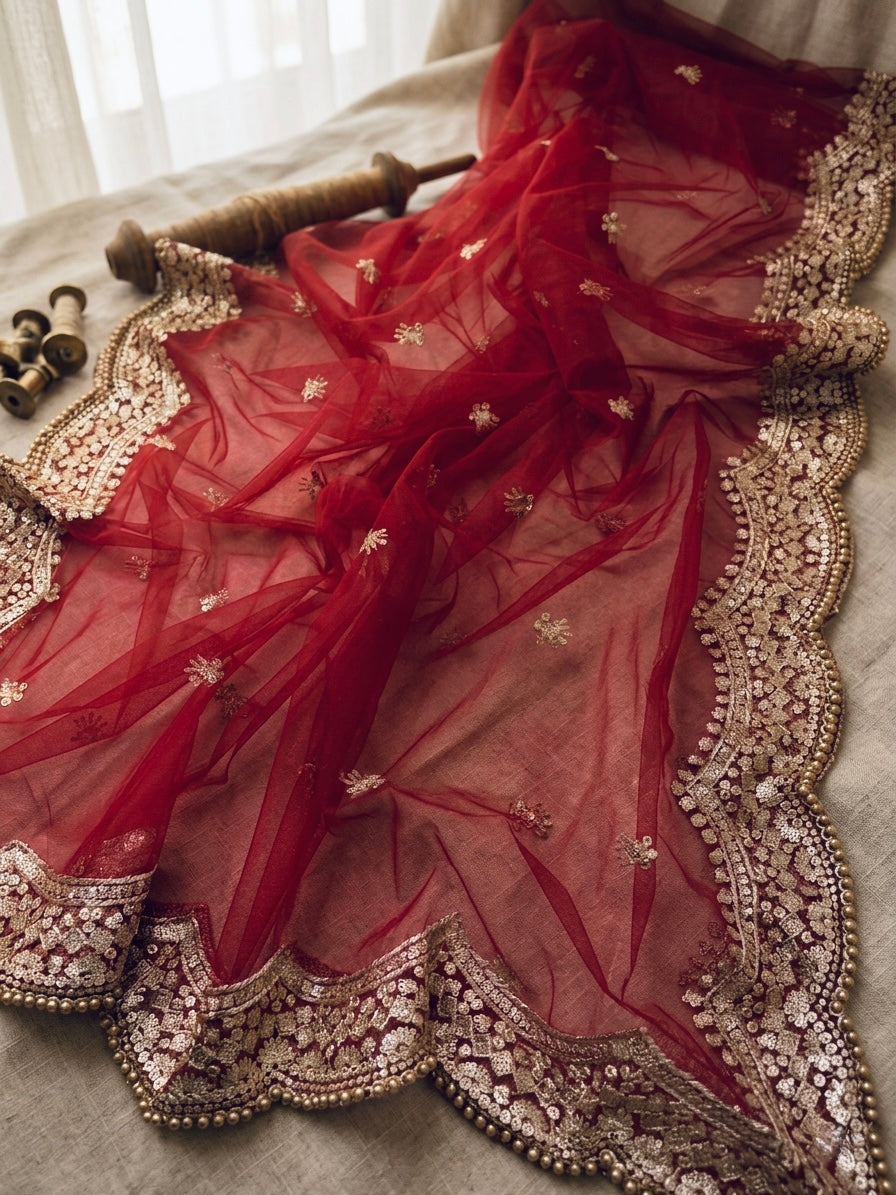Maroon Net Bridal Dupatta with Zari Embroidery & Moti Border