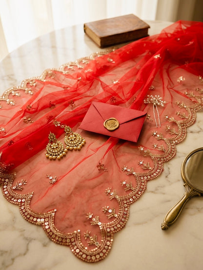 Red Bridal Net Dupatta with Sequins & Zari Cutwork Border