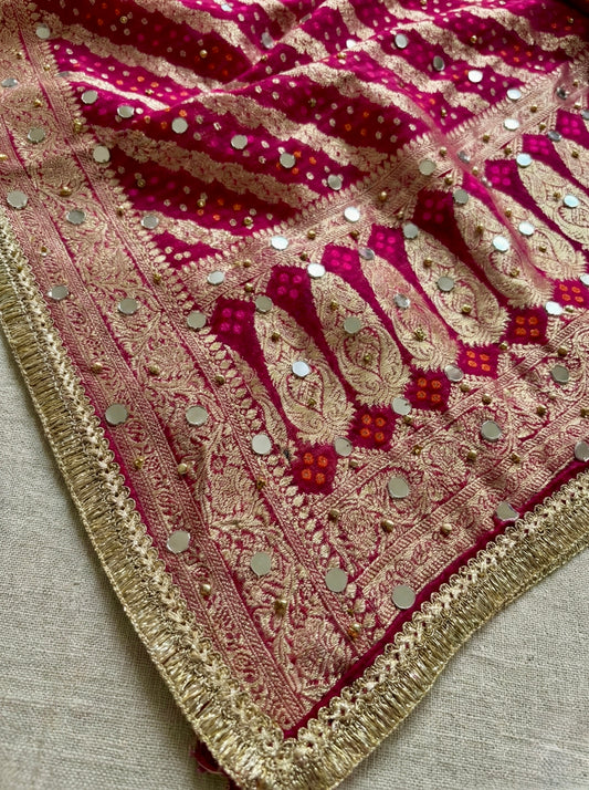 Pink Banarasi Mirror Work Dupatta with Zari Border – Bridal & Festive Wear
