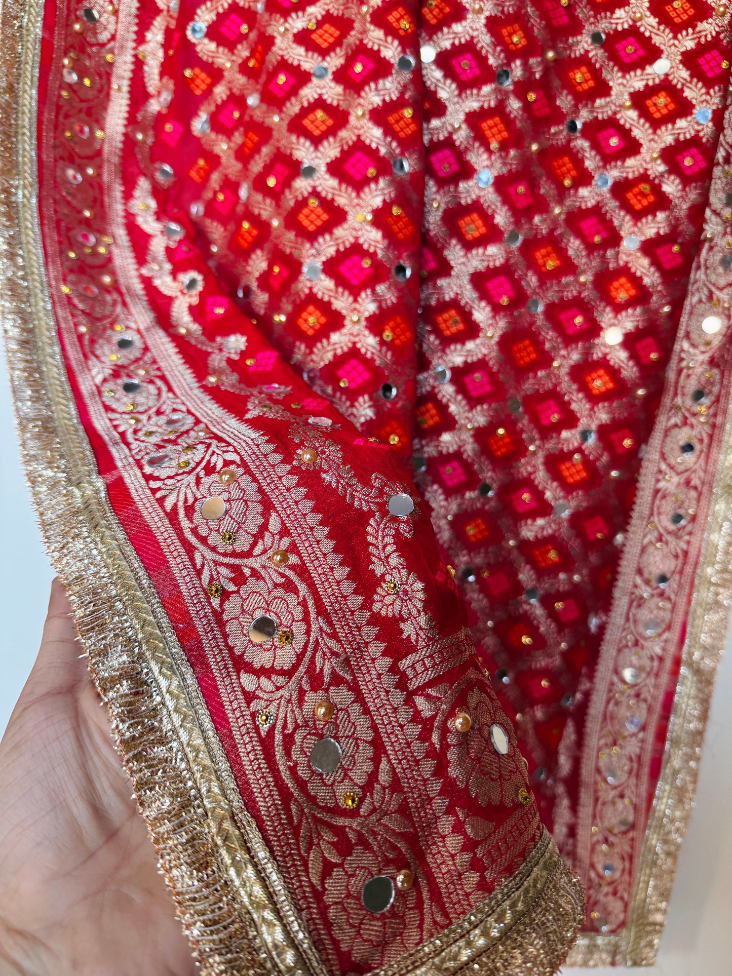 Red Banarasi Georgette Dupatta with Mirror & Stone Work – Festive & Wedding Wear