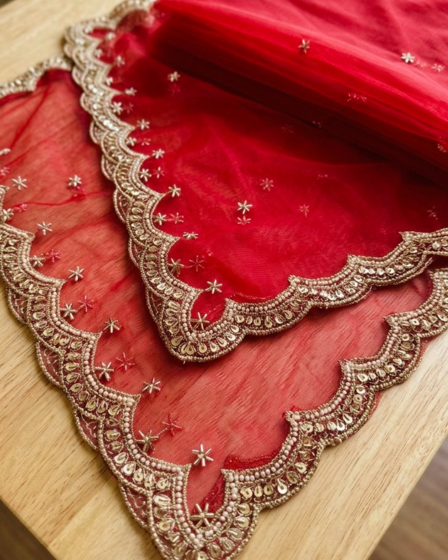 Red Bridal Net Dupatta with Zari & Beads Work – Wedding & Festive Wear