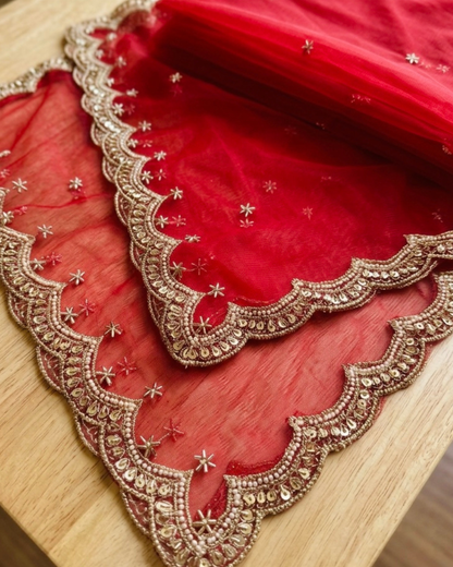 Red Bridal Net Dupatta with Zari & Beads Work – Wedding & Festive Wear