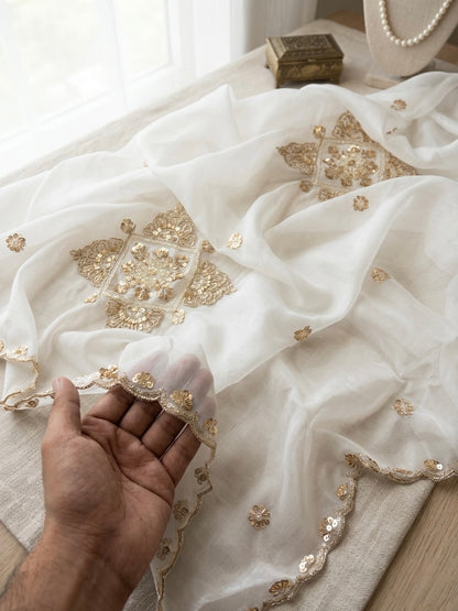 White Designer Silky Dupatta with Heavy Embroidery, Beads & Sequins