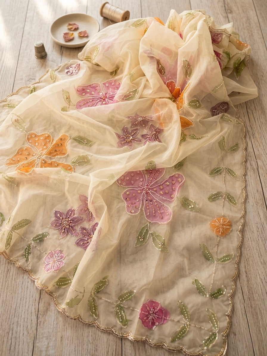 Hand Painted Organza Dupatta with Floral Art | Elegant Sheer Wrap