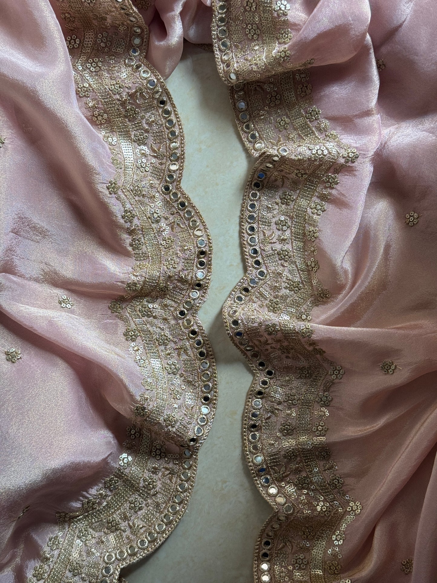 Pink Tissue Dupatta with Zari & Mirror Work – 2.5 Meter Elegant Partywear Dupatta for Women