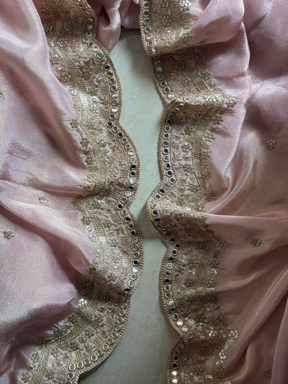 Pink Tissue Dupatta with Zari & Mirror Work – 2.5 Meter Elegant Partywear Dupatta for Women