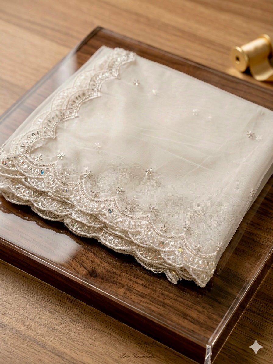 White Net Bridal Dupatta with Elegant Embroidery