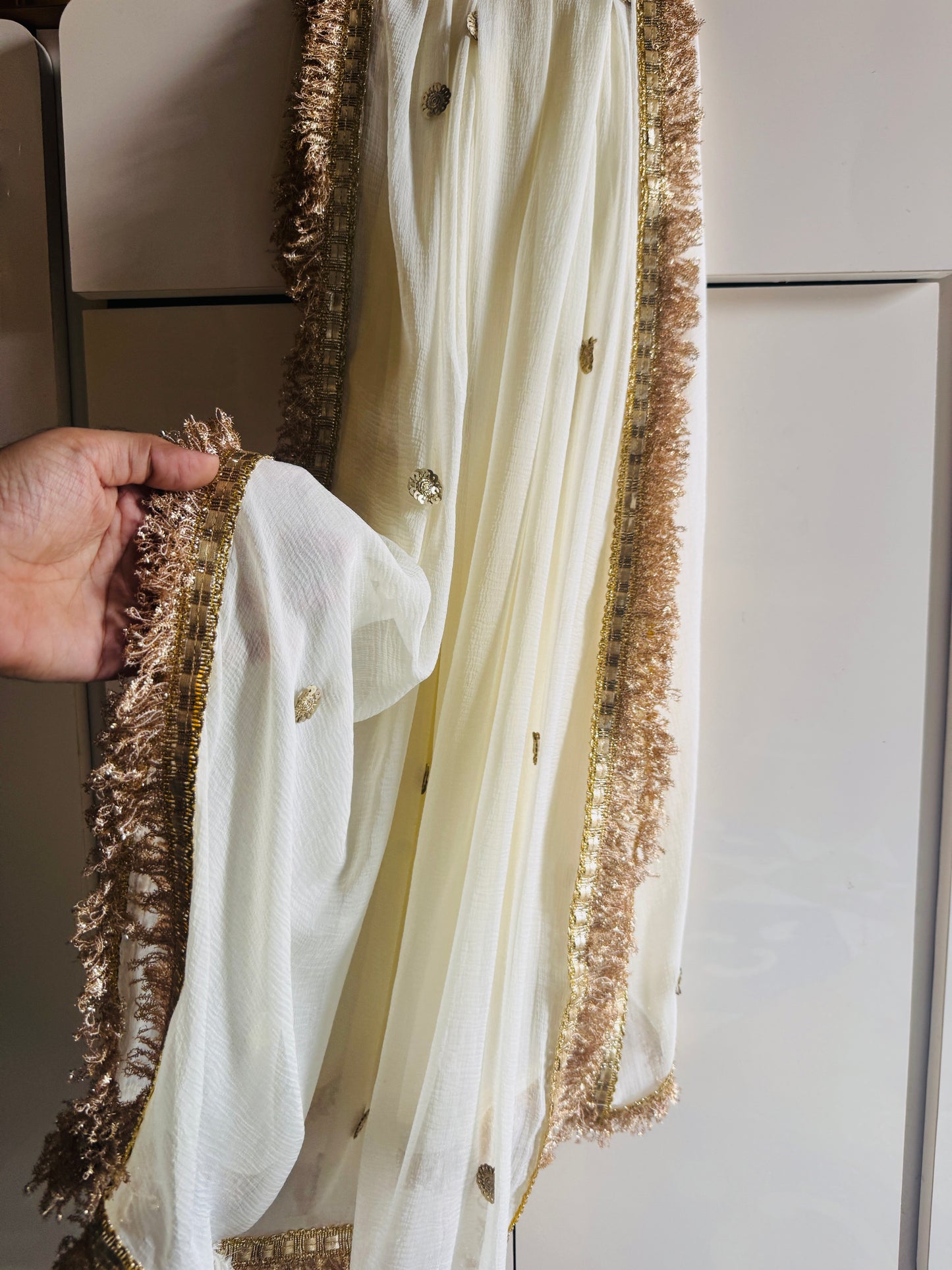 Off White Chiffon Dupatta with Golden Zari Border | 2.5 Meter Lightweight Ethnic Wedding & Party Wear Scarf