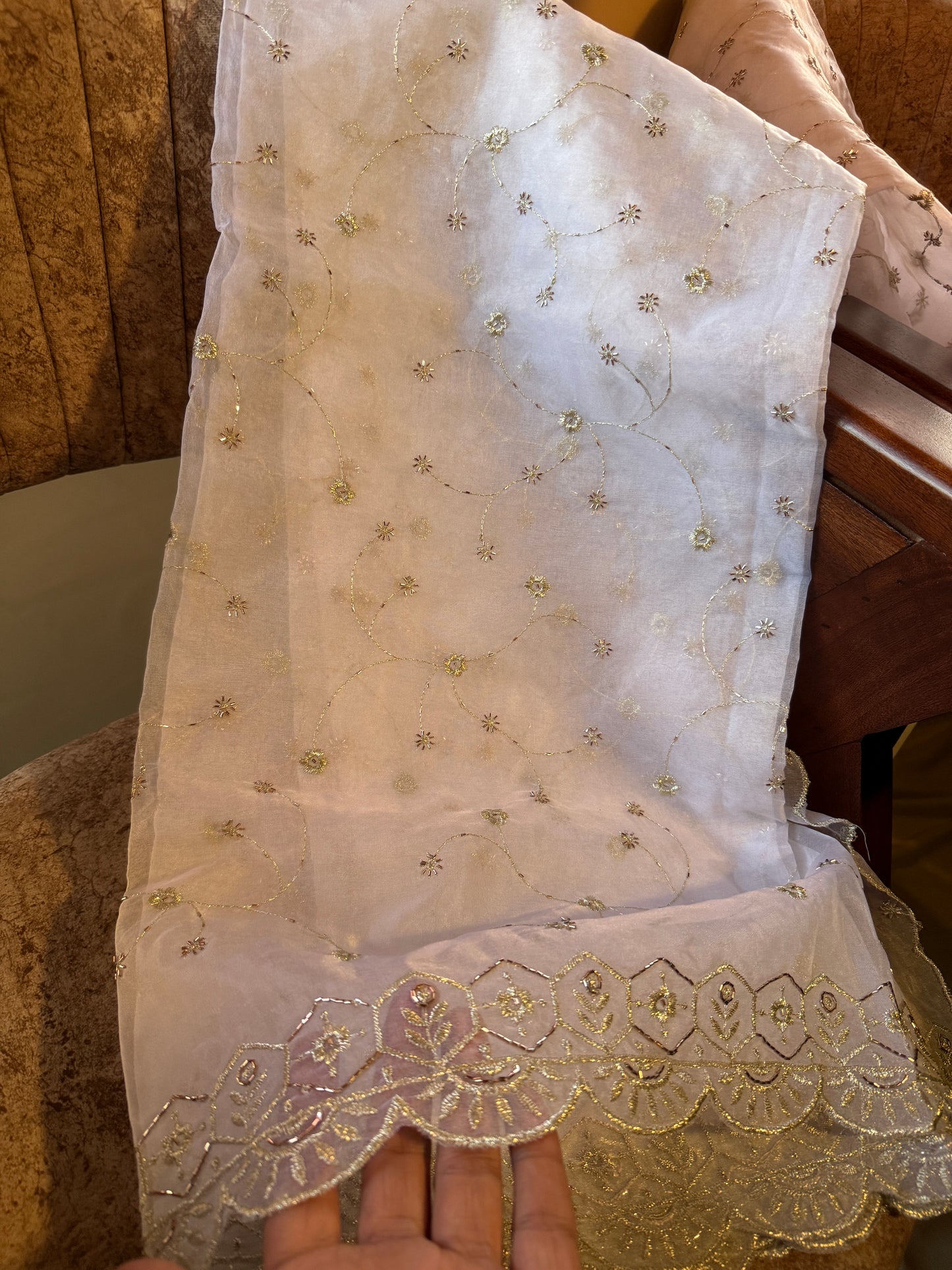 White Organza Dupatta for Women | Zari Embroidery & Beads Cutwork Border | Bridal Wrap