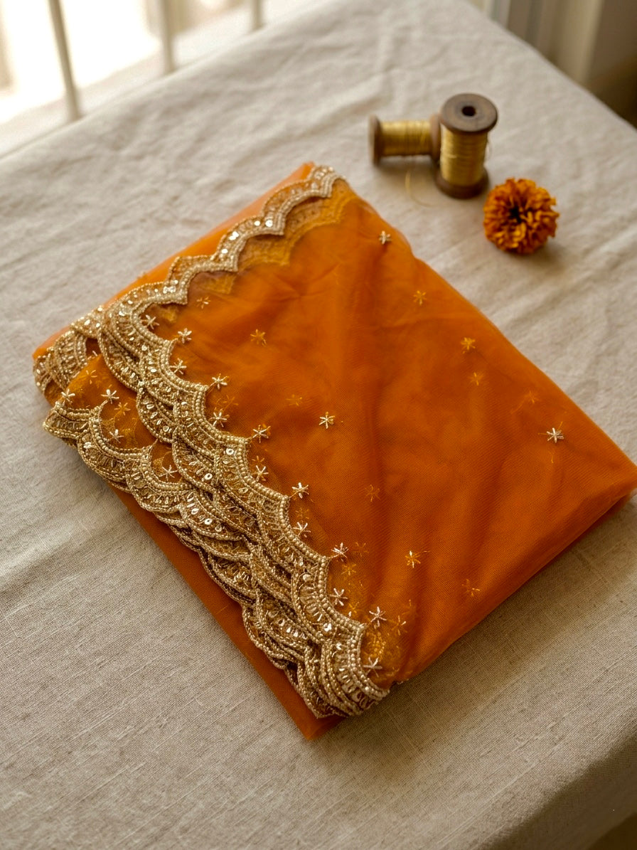 Orange Net Cutwork Dupatta with Beads & Zari Embroidery – Festive Ethnic Wear