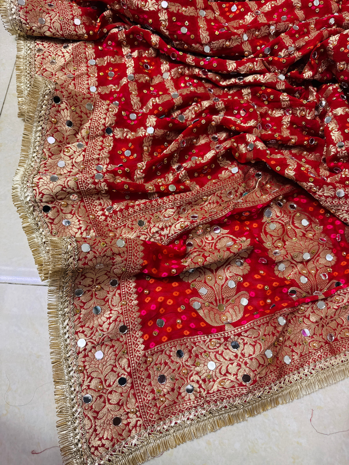 Red Banarasi Georgette Bridal Dupatta with Mirror Work