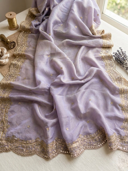 Lavender Tissue Silk Bridal Dupatta with Mirror & Zari Work