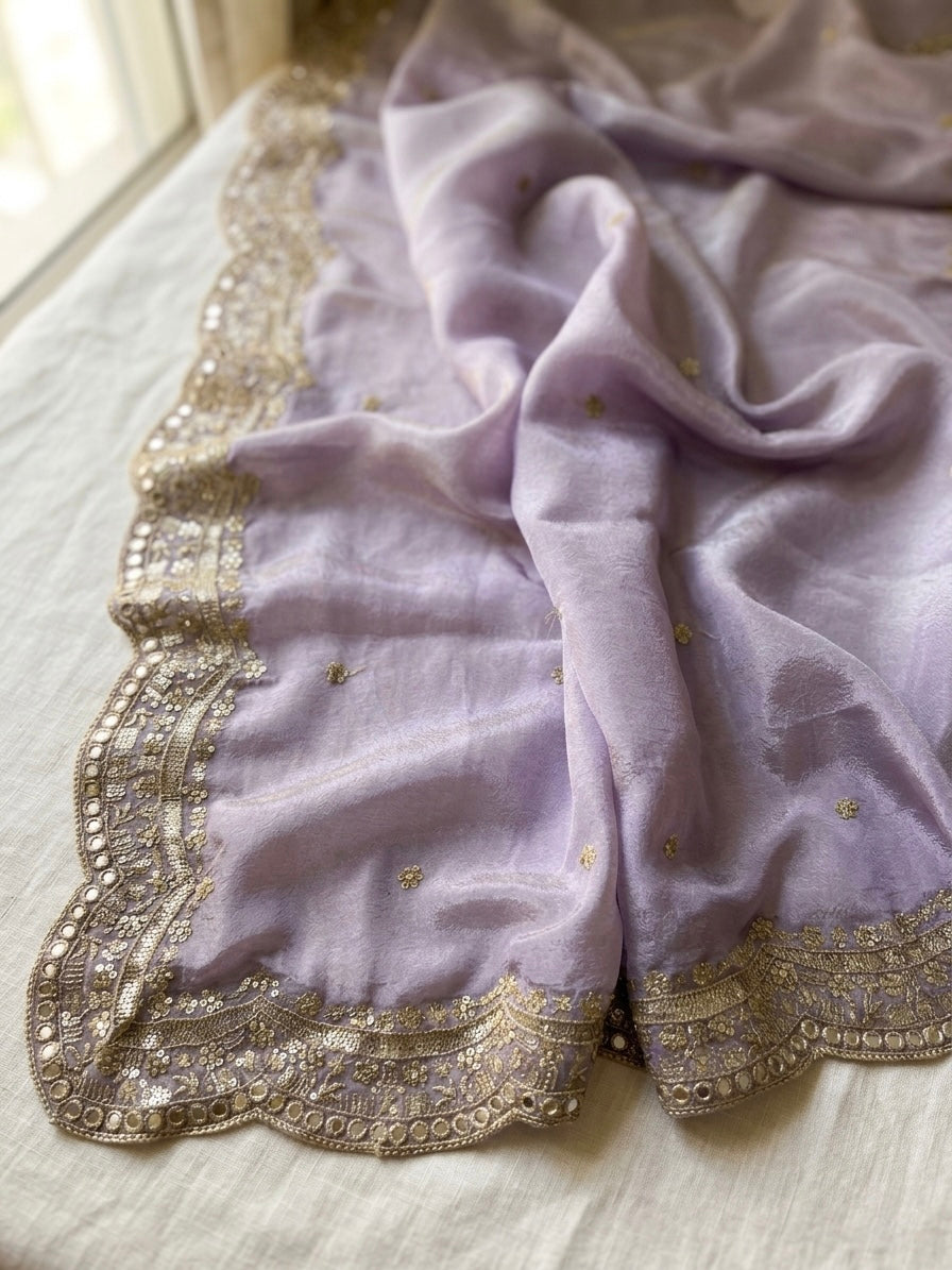 Lavender Tissue Silk Bridal Dupatta with Mirror & Zari Work