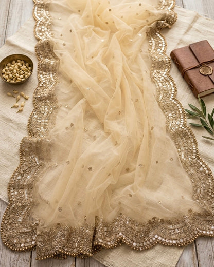 Golden Bridal Net Dupatta with Zari & Mirror Work