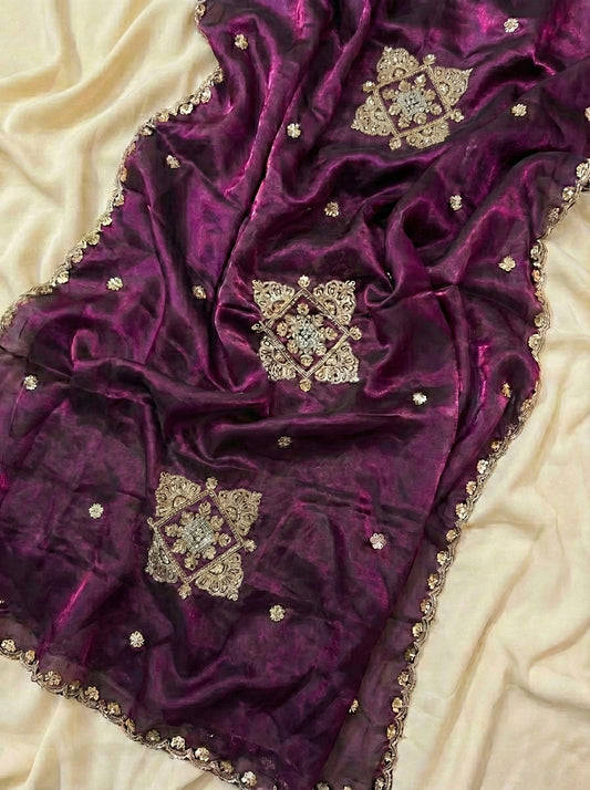 Wine Bridal Silky Dupatta with Zari and Beads Work