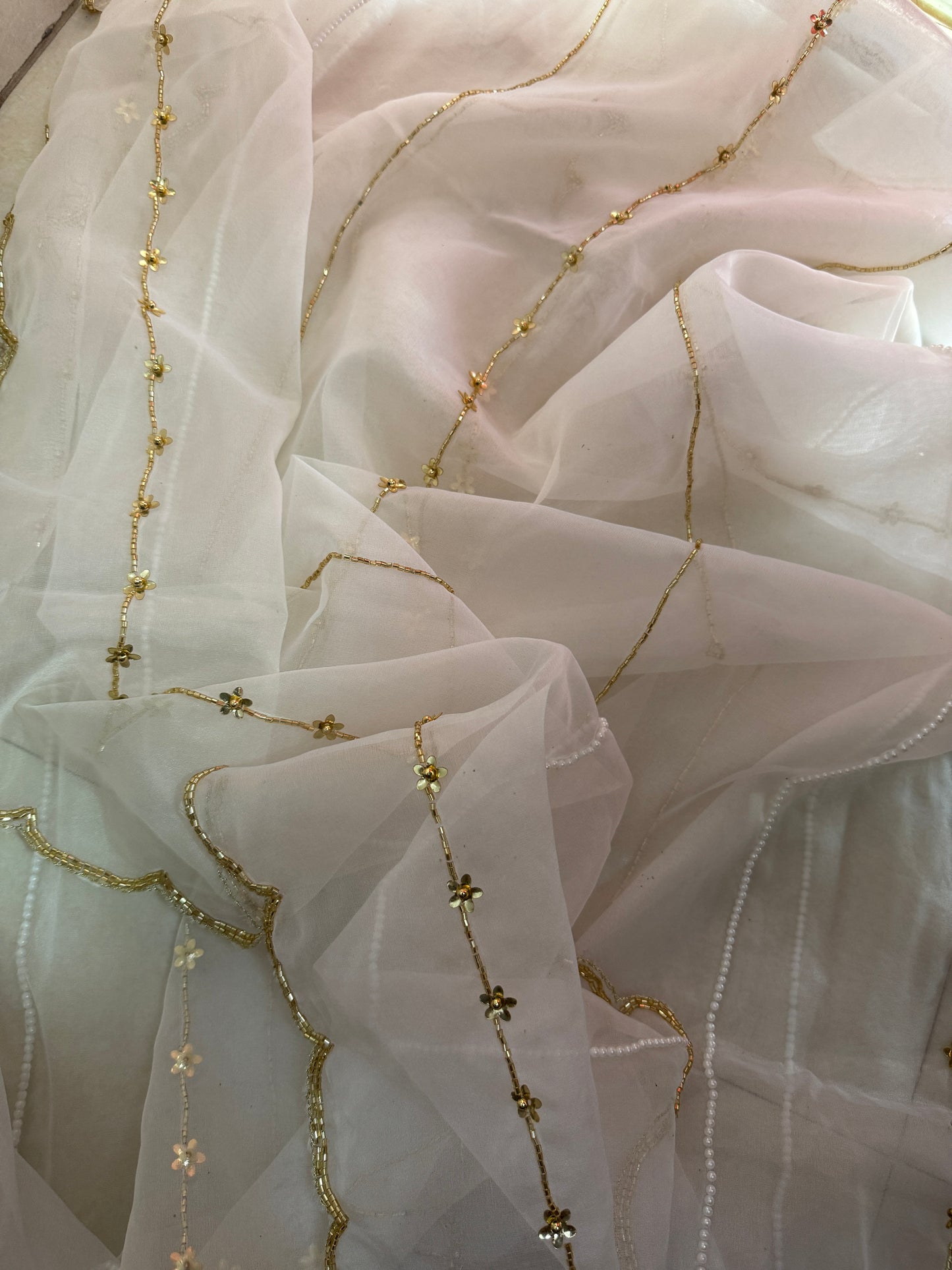 Organza Dupatta with Golden Beads & Pearl Work | Elegant Handmade Ethnic Dupatta
