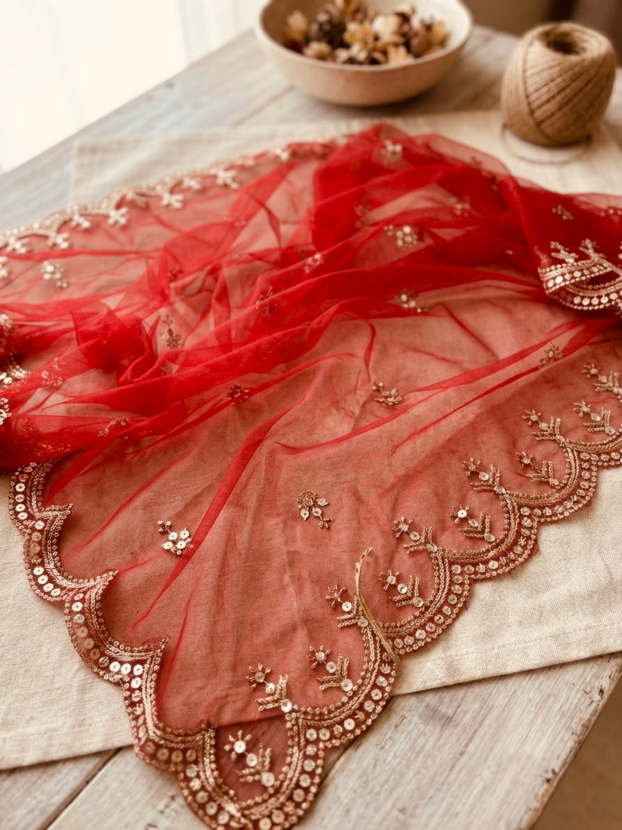 Red Bridal Net Dupatta with Sequins & Zari Cutwork Border
