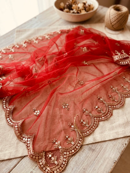 Red Bridal Net Dupatta with Sequins & Zari Cutwork Border