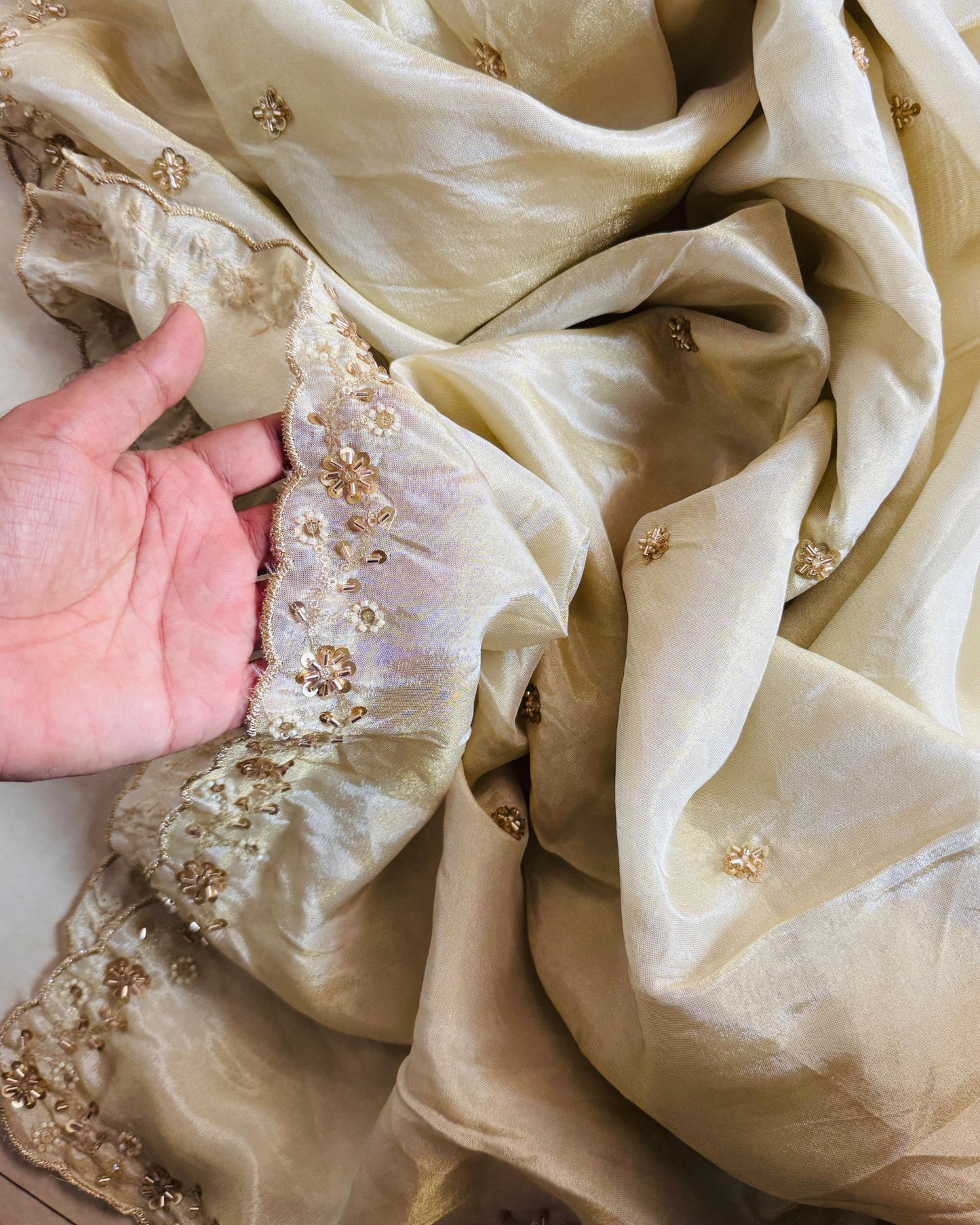 Golden Beaded Tissue Dupatta – Festive & Wedding Wear