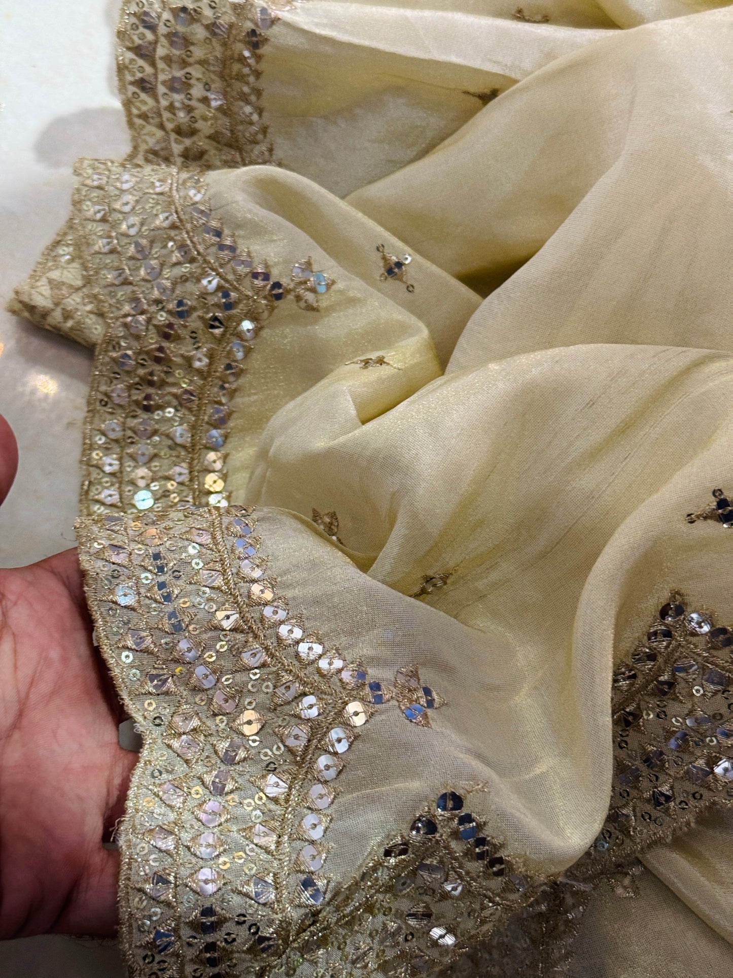 Golden Tissue Zari & Sequins Work Dupatta – Party & Bridal Wear