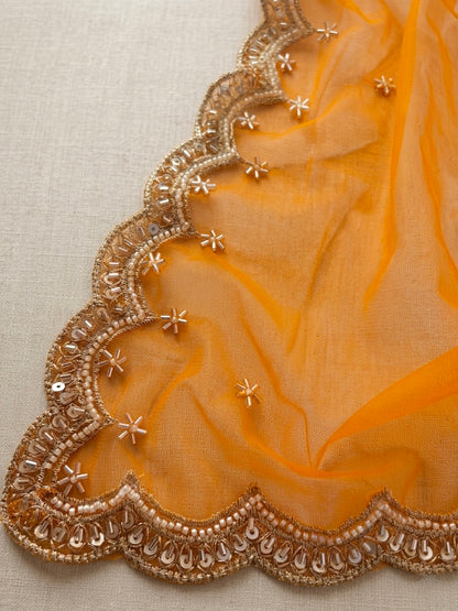 Orange Net Cutwork Dupatta with Beads & Zari Embroidery – Festive Ethnic Wear