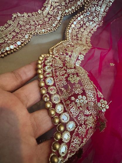 Pink Bridal Cutwork Dupatta with Zari & Mirror Work | Heavy Wedding Dupatta