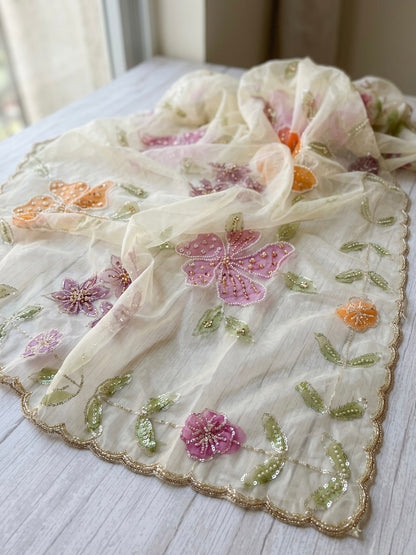 Hand Painted Organza Dupatta with Floral Art | Elegant Sheer Wrap