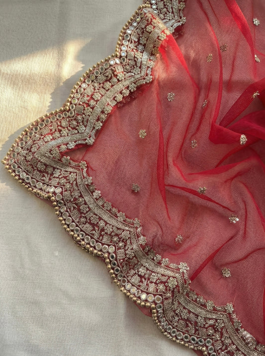 Red Bridal Dupatta with Zari, Mirror & Moti Border – Wedding Wear