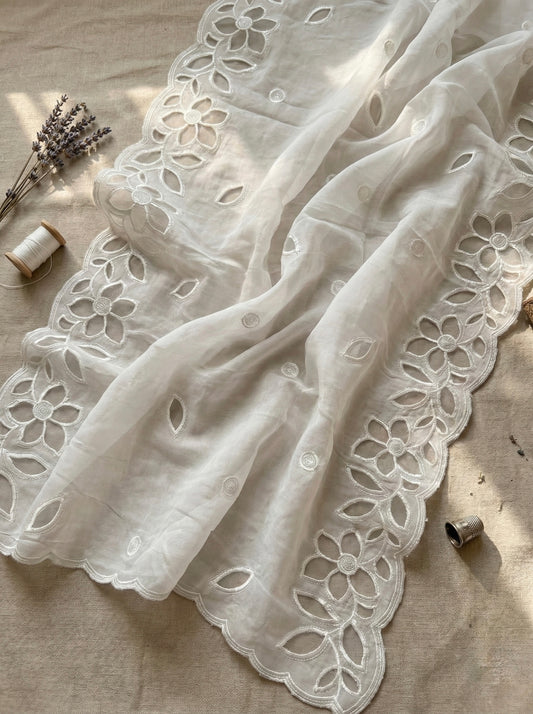 White Organza Dupatta with Floral Cutwork Embroidery & Scalloped Border