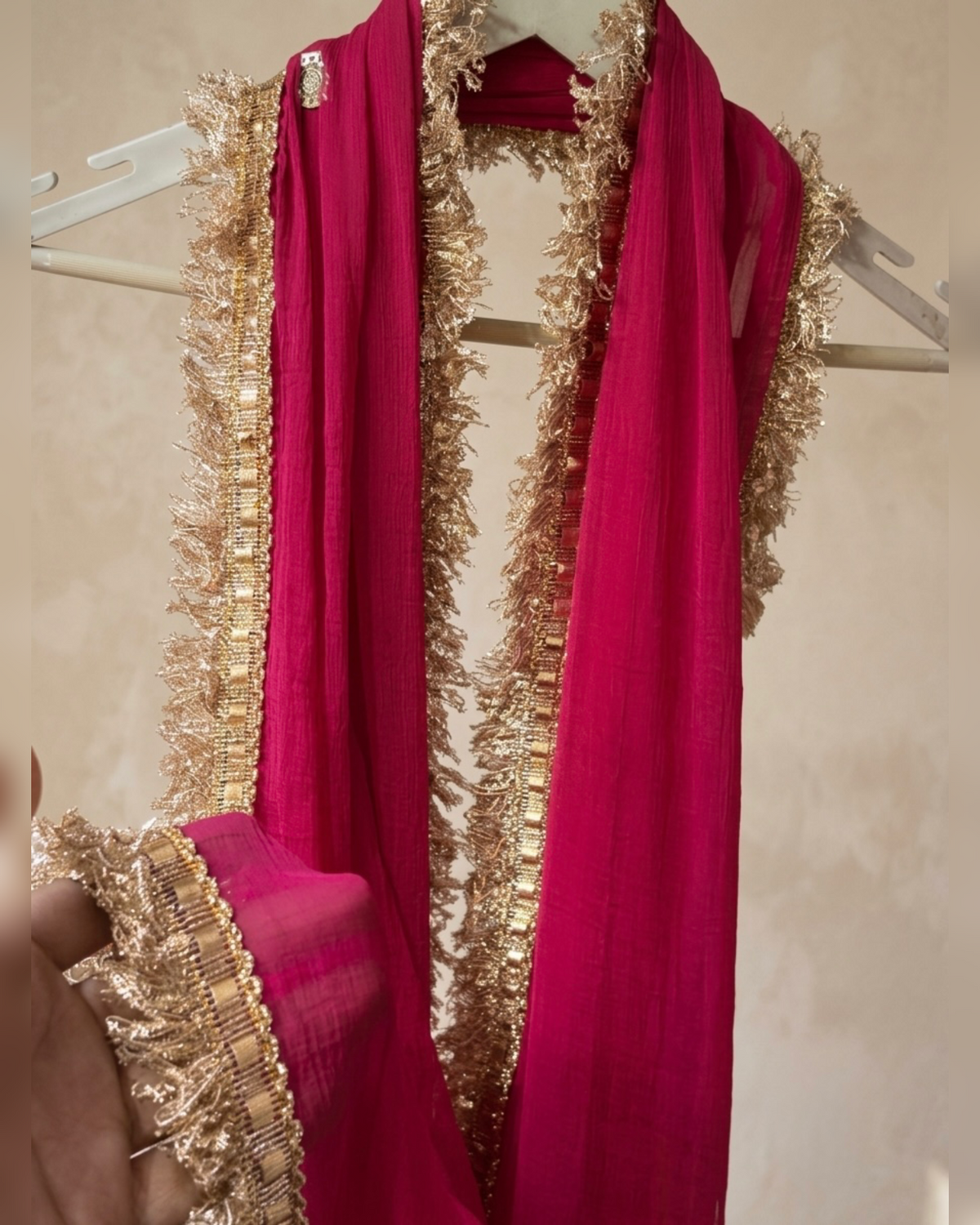Rani Pink Chiffon Dupatta with Golden Zari Border | 2.5 Meter Lightweight Ethnic Wedding Dupatta