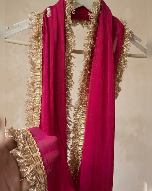 Rani Pink Chiffon Dupatta with Golden Zari Border | 2.5 Meter Lightweight Ethnic Wedding Dupatta